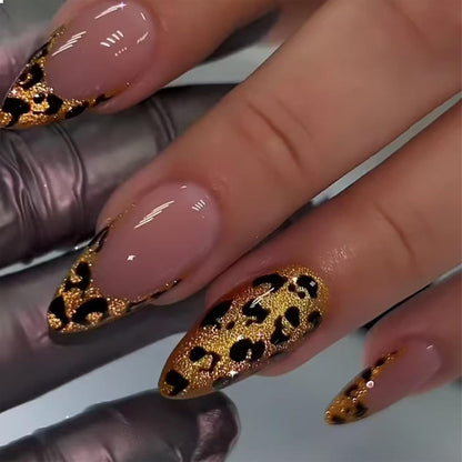 24 Stück Leopard French Press on Nails Mittel Mandel Falsche Nails Mit Gold Leopard Print Design Voll Abdeckung Nude Akryl Glänzend Künstliche Nails
