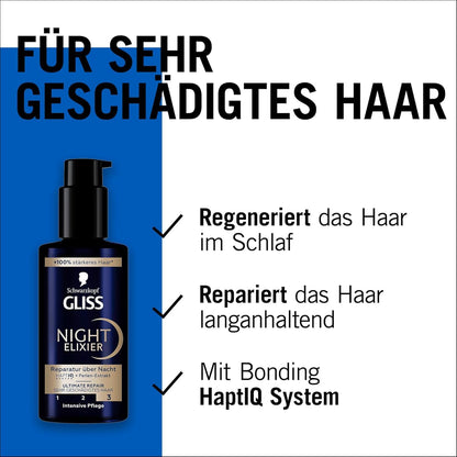 GLISS Glanz Booster Haarserum (100 Ml), Haarpflege Für Brillanten Glanz, Leave in Haarpflege & Gliss Night Elixier Ultimate Repair (100 Ml), Haarserum Regeneriert Geschädigtes Haar Im Schlaf