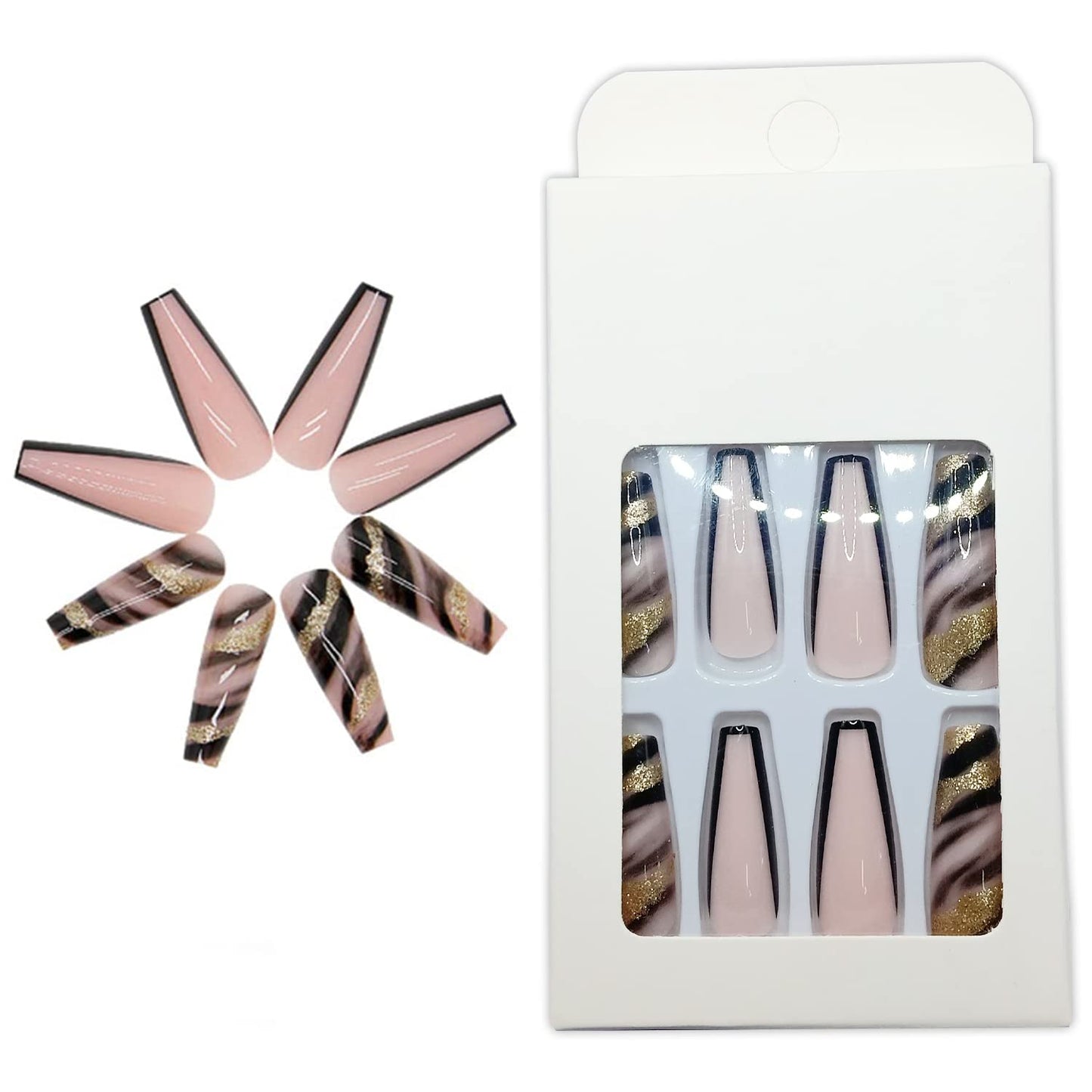 24 Stück Künstliche Nägel Lange Weiß Falsche Nägel Ballerina Acrylic Natürlich Drücken Auf Den Nägeln Full Cover Für Frauen(Schwarzes Gold Schwarz)