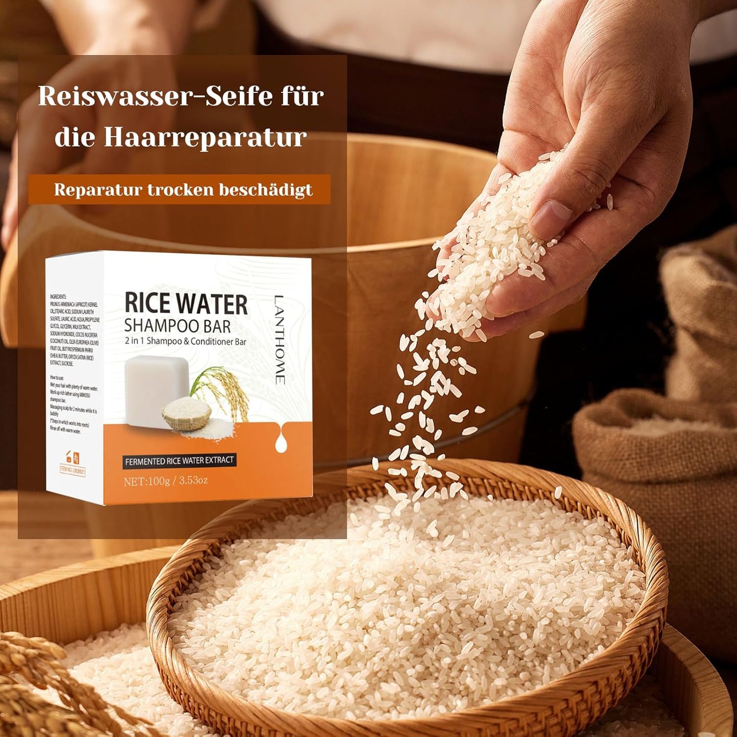 Reiswasser Shampoo- Und Conditioner 2-In-1 - Fester Shampoo Bar Für Trockenes Und Geschädigtes Haar, anti Spliss Frizz, Rice Water, 100G