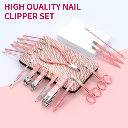 Maniküre-Set 18 in 1 Professionelles Pediküre-Set Nagelschere Grooming Kit Mit Leder Kulturbeutel in Pink