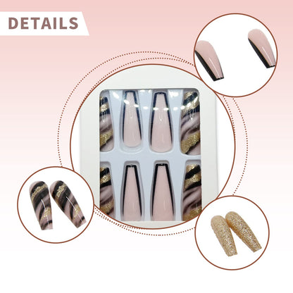 24 Stück Künstliche Nägel Lange Weiß Falsche Nägel Ballerina Acrylic Natürlich Drücken Auf Den Nägeln Full Cover Für Frauen(Schwarzes Gold Schwarz)