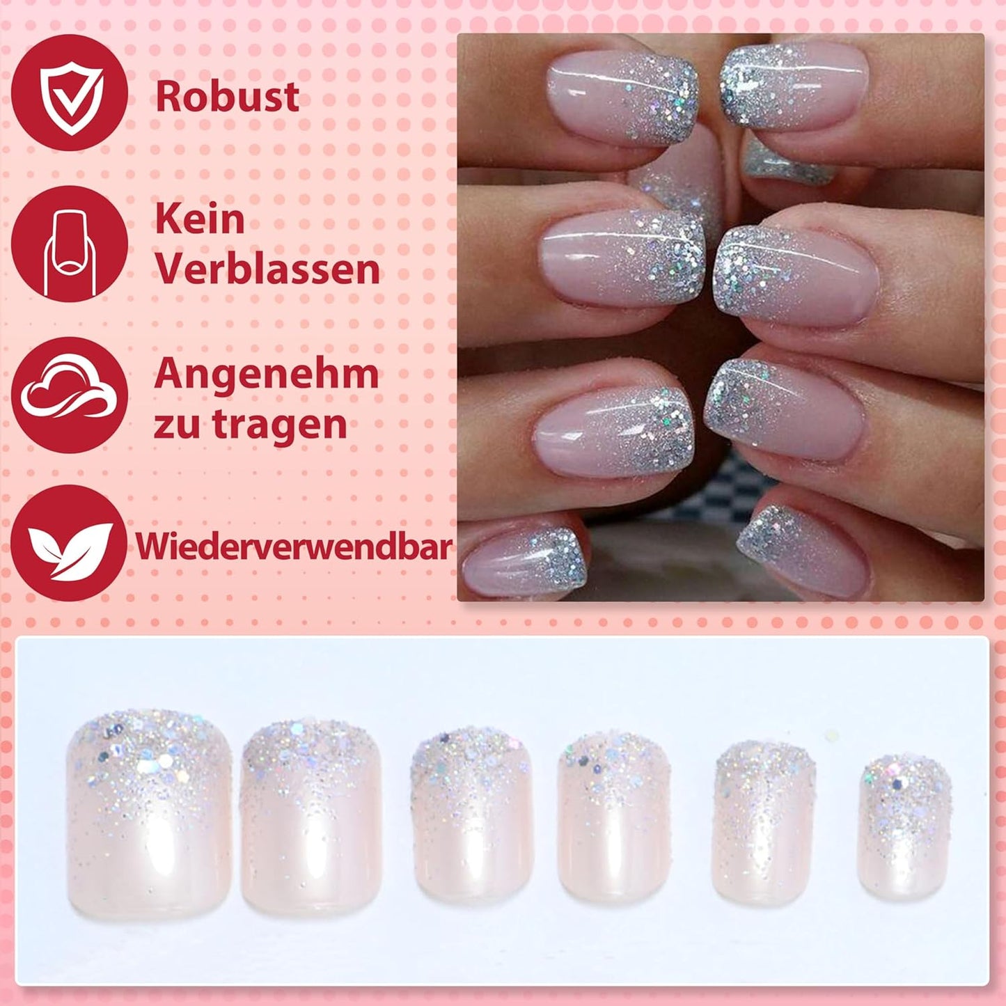 French Press on Nails Kurz, 24 Stück Nägel Zum Aufkleben Fake Nails, Glossy Kunstnägel Selbstklebende Nail Tips Natural Acryl Künstliche Fingernägel Für Nail Art (Pink, 24 PCS)