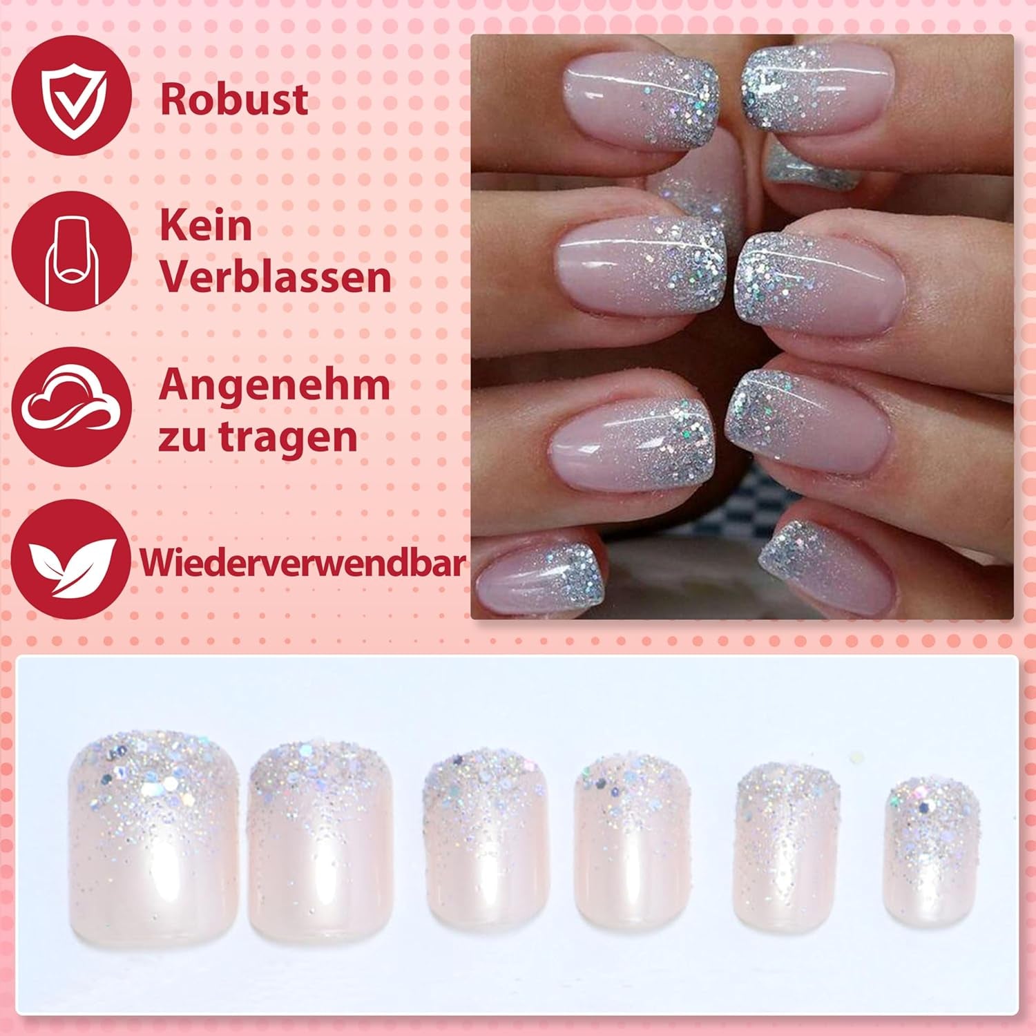 French Press on Nails Kurz, 24 Stück Nägel Zum Aufkleben Fake Nails, Glossy Kunstnägel Selbstklebende Nail Tips Natural Acryl Künstliche Fingernägel Für Nail Art (Pink, 24 PCS)