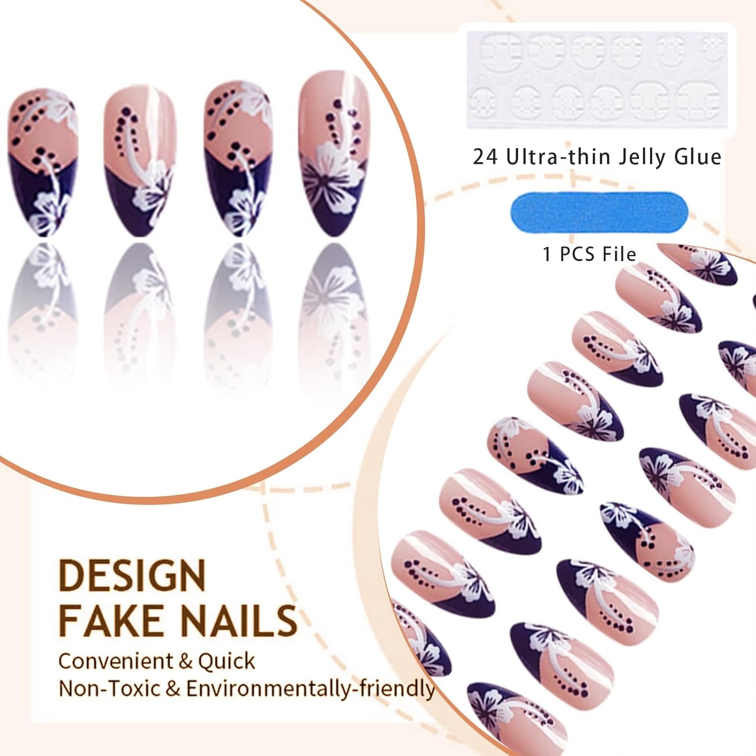 24 Stück French Nails Press on Nails Nüdescht Pink False Nails Almond Acryl Nägel False Nails Mit Weiße Blumen Designs Stick on Nails Blaue Spitze Klebe Nails