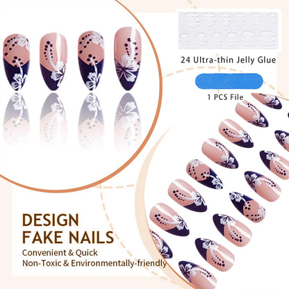 24 Stück French Nails Press on Nails Nüdescht Pink False Nails Almond Acryl Nägel False Nails Mit Weiße Blumen Designs Stick on Nails Blaue Spitze Klebe Nails