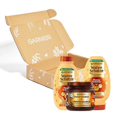 Garnier Wahre Schätze Haarpflege-Set Mit Akazienhonig, Manuka Und Lavendel, Honig-Schätze Shampoo (250 Ml), Spülung (200 Ml), 1-Minute Haarkur (340 Ml), 3-Teilig