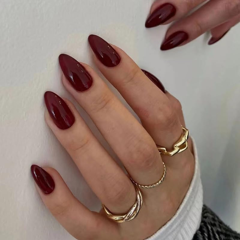 Mouyouglow Press on Nails Kurz,Almond Dunkel Rot Burgundisch Einfarbige Glossy Fake Nails Kunstnägel Mit Nagelkleber,Dark Wine Red Künstliche Fingernägel