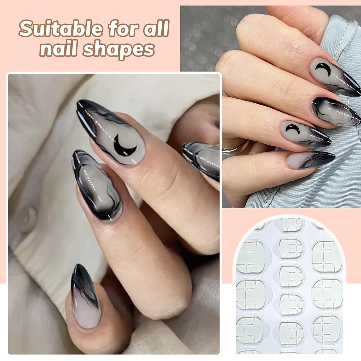 24 Stück Schwarze Kunstnägel Mit Mond-Designs, Press on Nails Almond, Press on Nails, Nägel Zum Aufkleben, Fake Nails, Kunstnägel, Fingernägel, Nails