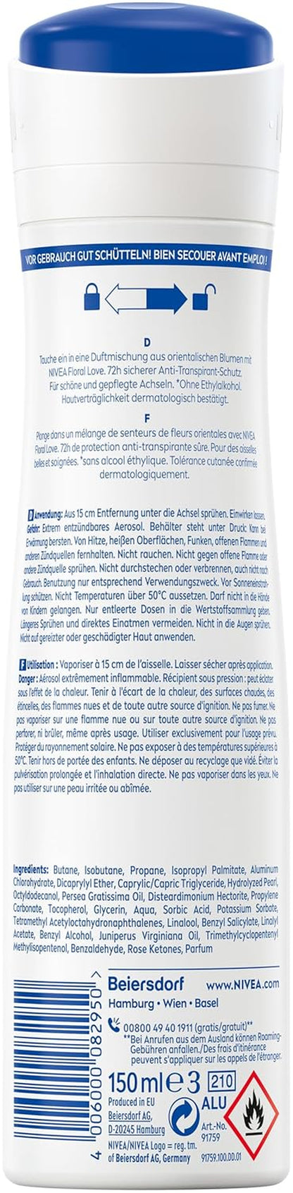 NIVEA Deo Spray Floral Love Limited Edition, Deodorant Mit 72H Anti-Transpirant-Schutz, Antitranspirant Mit Einer Duftkomposition Aus Orientalischen Blüten (150 Ml)