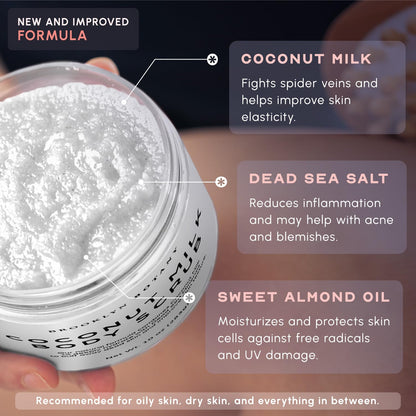 Coconut Milk Body Scrub 10 Oz - Made with Dead Sea Salt and Essential Oils - anti Cellulite, Stretch Marks, and Varicose Veins -
