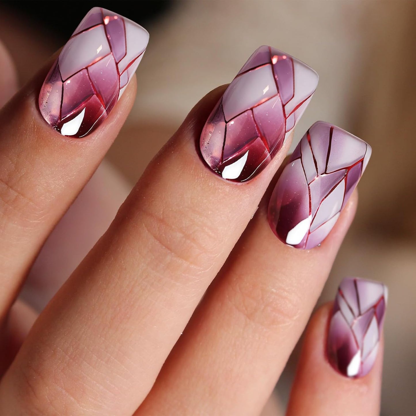 24Pcs Square Press on Nails Medium Fake Nails with Glossy Full Cover False Nails and Wine Red Broken Glass Pattern Acrylic Nails Square Glue on Nails