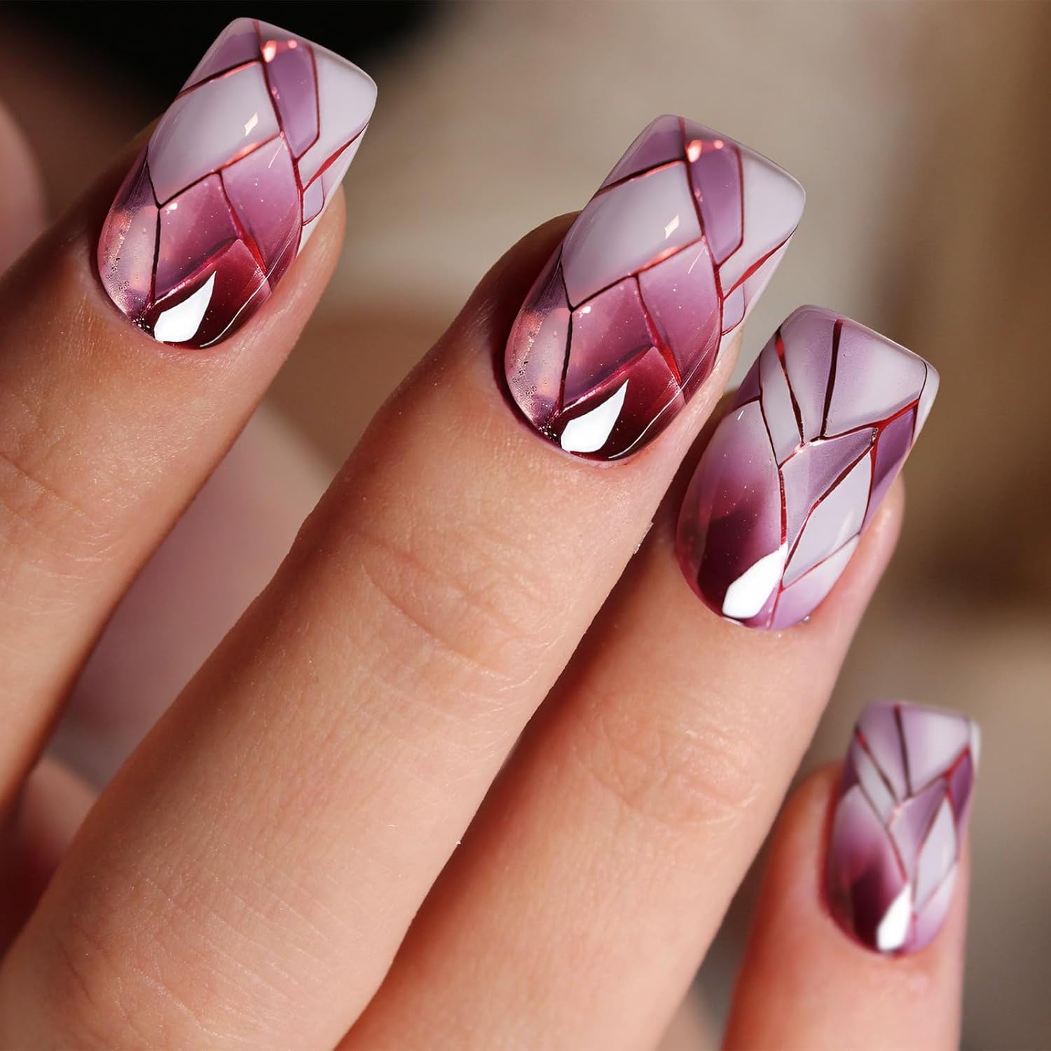 24Pcs Square Press on Nails Medium Fake Nails with Glossy Full Cover False Nails and Wine Red Broken Glass Pattern Acrylic Nails Square Glue on Nails
