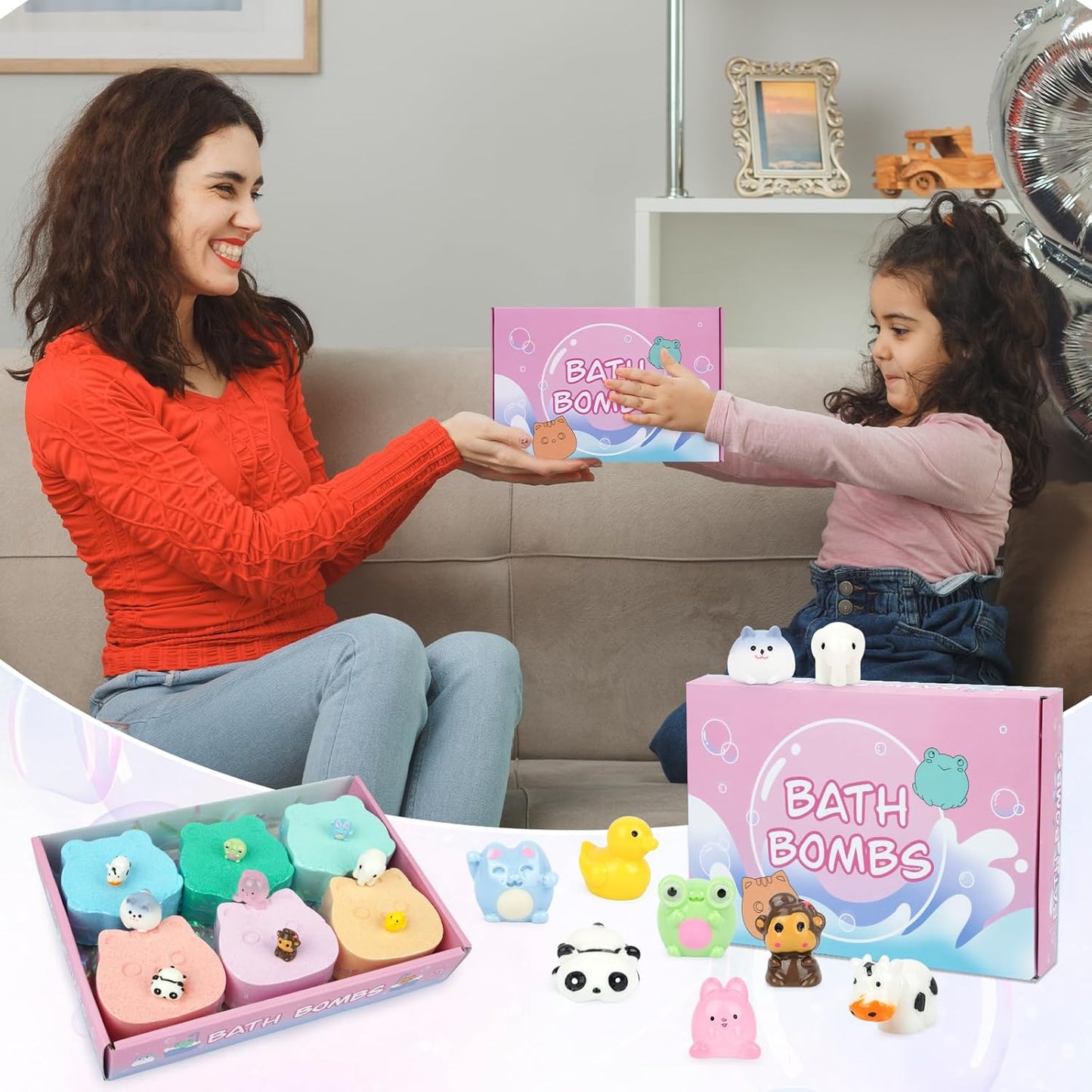 Kids Bath Bombs - 6 Pack with Toys Inside, Fun Frog & Cat Bath Bombs, Bubble Bath for Kids