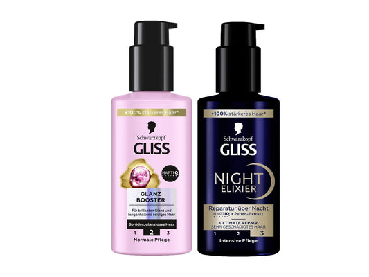 GLISS Glanz Booster Haarserum (100 Ml), Haarpflege Für Brillanten Glanz, Leave in Haarpflege & Gliss Night Elixier Ultimate Repair (100 Ml), Haarserum Regeneriert Geschädigtes Haar Im Schlaf