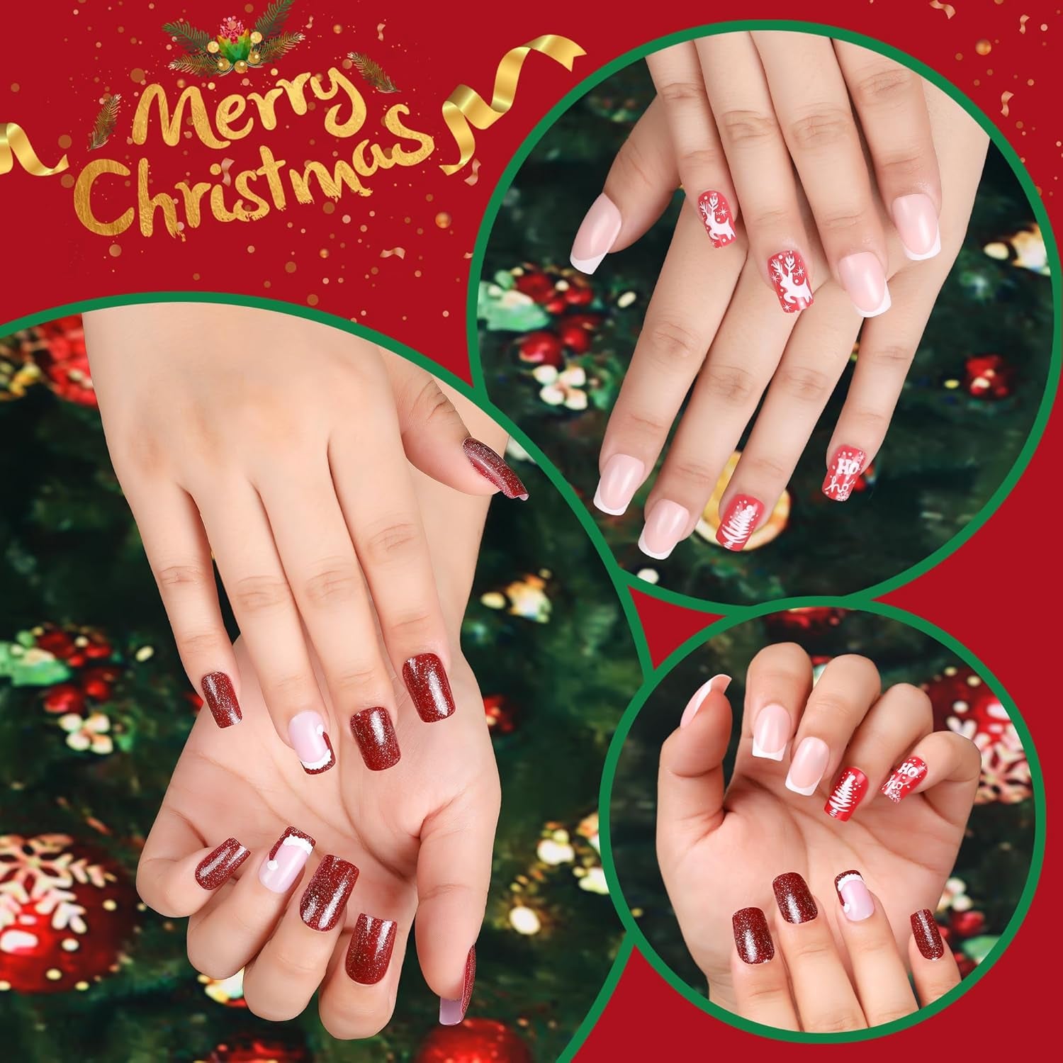 MELLIEX 48 Stück Press on Nails Weihnachten,Vollständige Abdeckung Künstliche Nägel Weihnachten Frauen Fingernägel Zum Aufkleben Weihnachten Für Frauen Nagelkunst Dekoration