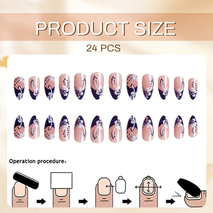 24 Stück French Nails Press on Nails Nüdescht Pink False Nails Almond Acryl Nägel False Nails Mit Weiße Blumen Designs Stick on Nails Blaue Spitze Klebe Nails