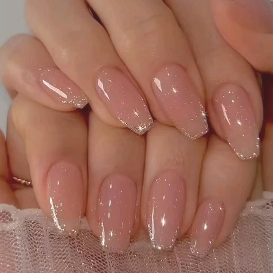 24X Mittelgroße Press on Nägel in Rosa Mit Glitzer, Eckige French Nägel Aus Acryl Zum Aufkleben Inkl. Nagelkleber, Full-Cover Kunstnägel Für Damen Und Mädchen.
