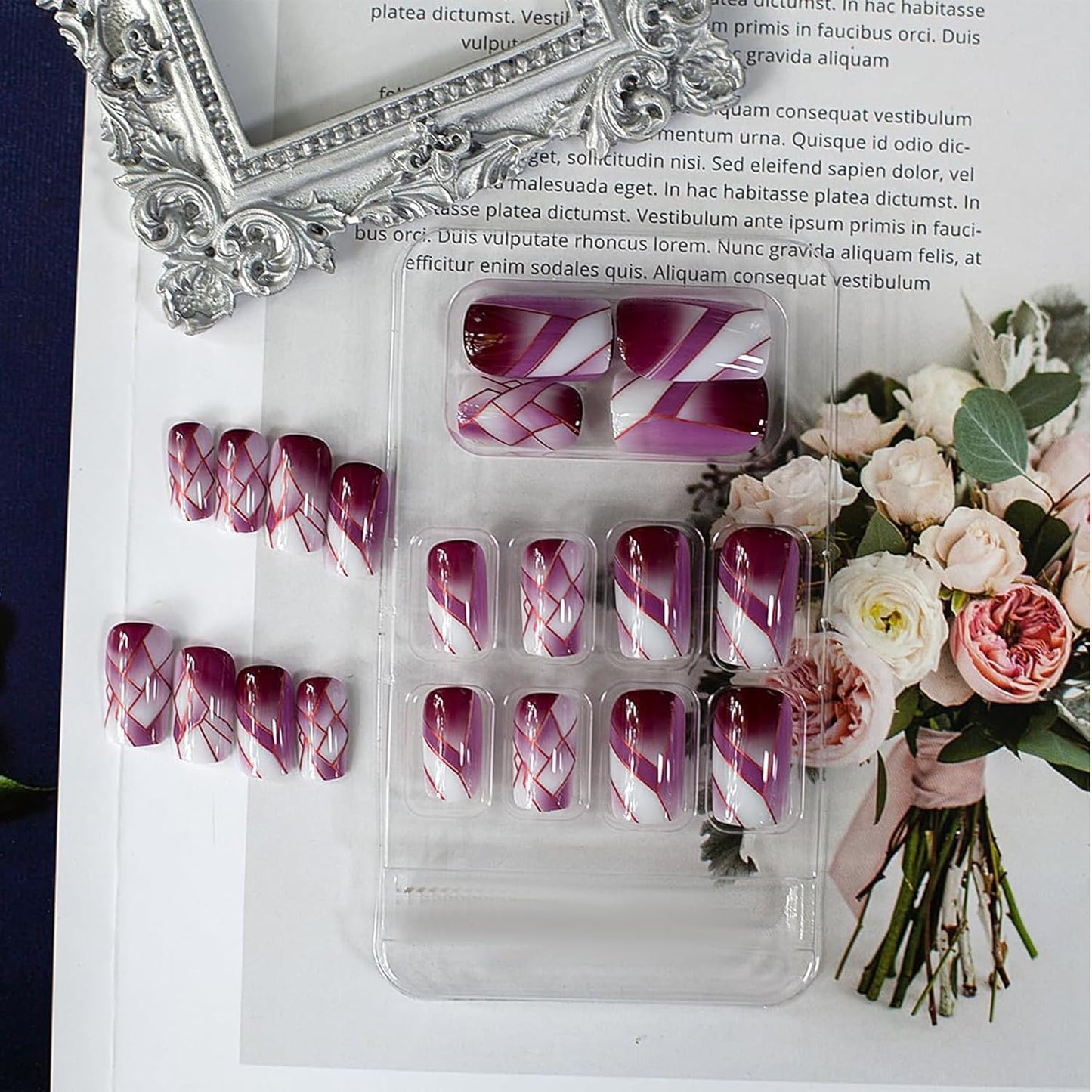 24Pcs Square Press on Nails Medium Fake Nails with Glossy Full Cover False Nails and Wine Red Broken Glass Pattern Acrylic Nails Square Glue on Nails