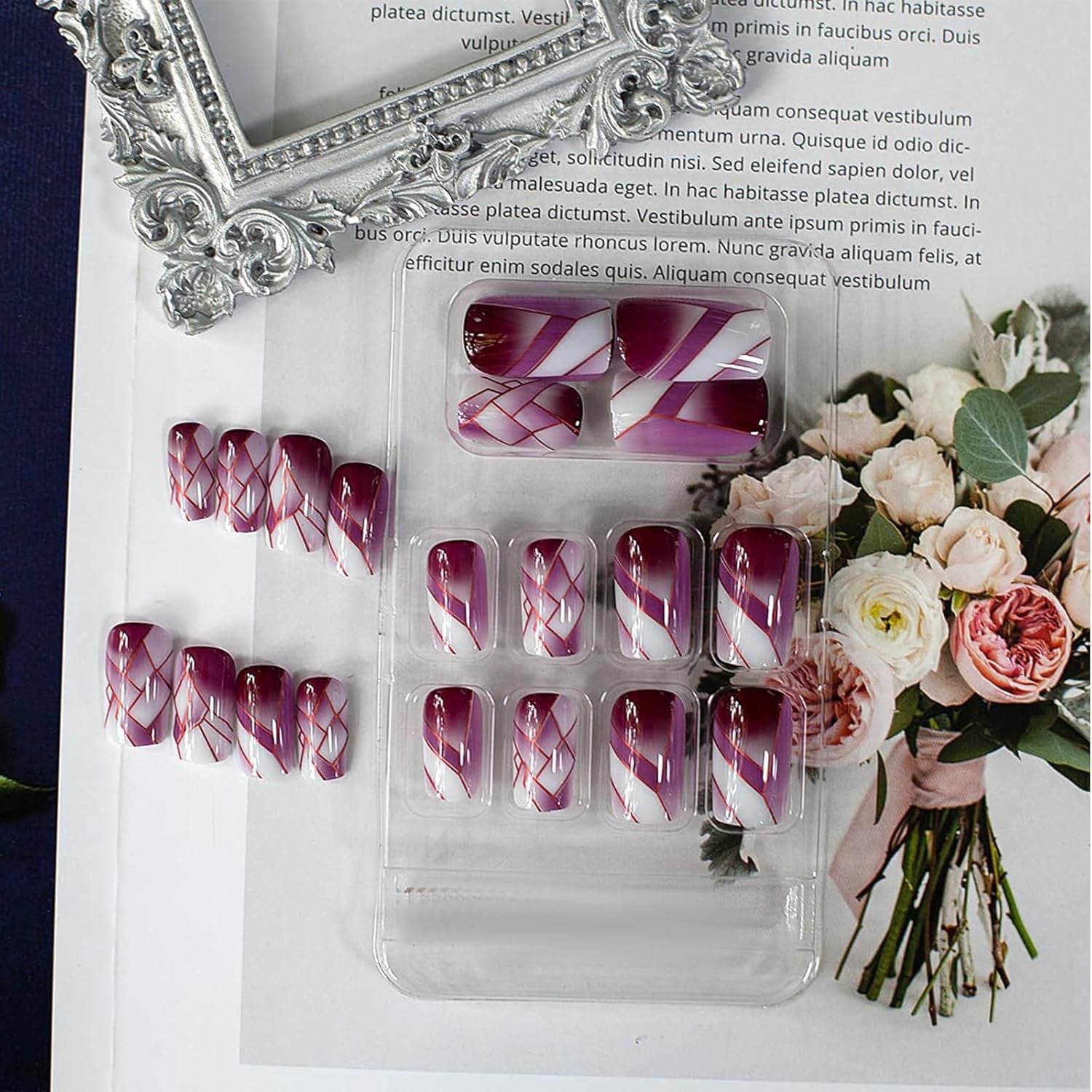 24Pcs Square Press on Nails Medium Fake Nails with Glossy Full Cover False Nails and Wine Red Broken Glass Pattern Acrylic Nails Square Glue on Nails