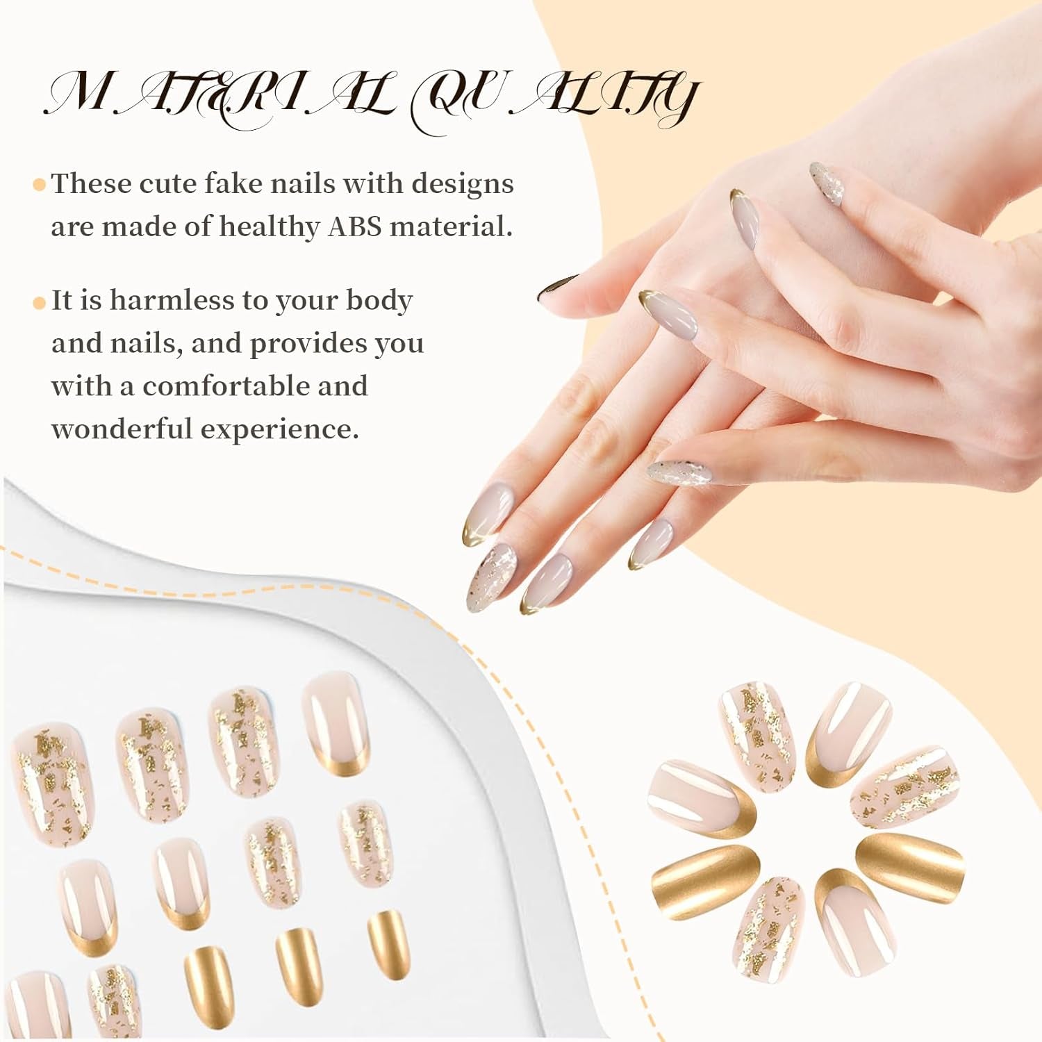 24 Pcs Gold Press on Nails French Tip Fake Nails,Press on Nails, Nägel Zum Aufkleben, Fake Nails, Fingernägel, Kunstnägel, Künstliche Nägel, Nails, Nail