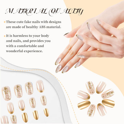 24 Pcs Gold Press on Nails French Tip Fake Nails,Press on Nails, Nägel Zum Aufkleben, Fake Nails, Fingernägel, Kunstnägel, Künstliche Nägel, Nails, Nail