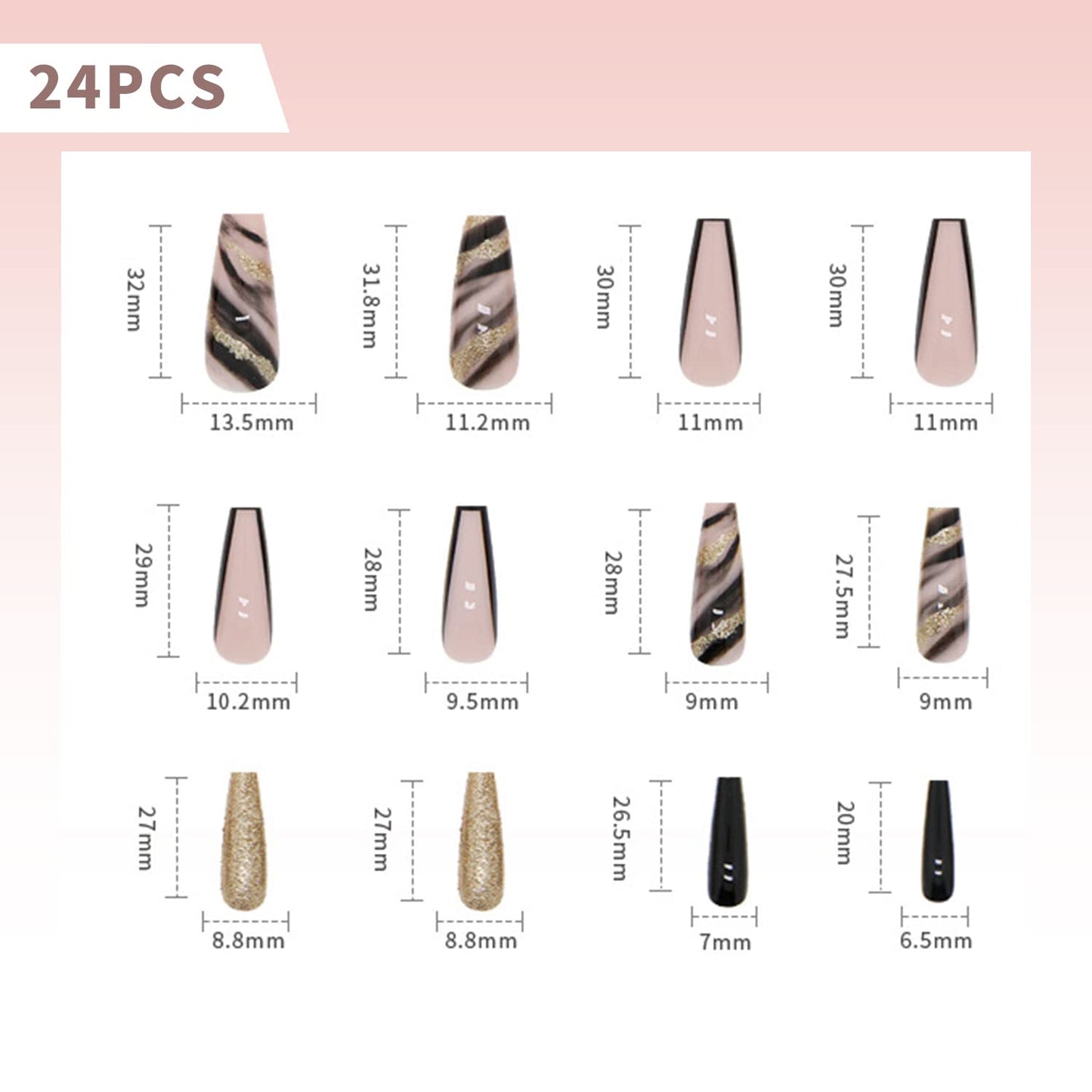 24 Stück Künstliche Nägel Lange Weiß Falsche Nägel Ballerina Acrylic Natürlich Drücken Auf Den Nägeln Full Cover Für Frauen(Schwarzes Gold Schwarz)