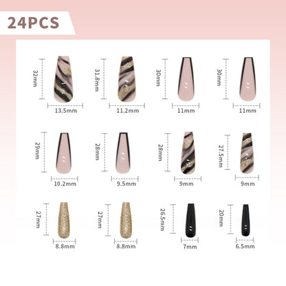 24 Stück Künstliche Nägel Lange Weiß Falsche Nägel Ballerina Acrylic Natürlich Drücken Auf Den Nägeln Full Cover Für Frauen(Schwarzes Gold Schwarz)