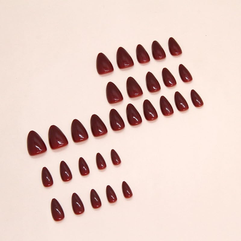 Mouyouglow Press on Nails Kurz,Almond Dunkel Rot Burgundisch Einfarbige Glossy Fake Nails Kunstnägel Mit Nagelkleber,Dark Wine Red Künstliche Fingernägel