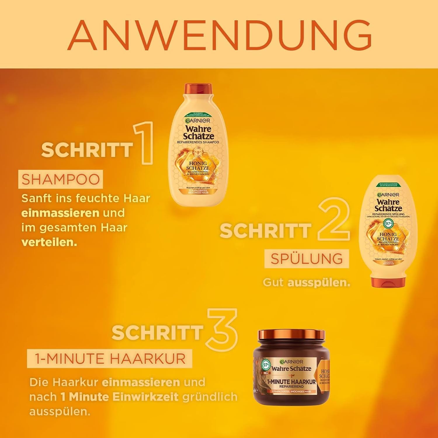 Garnier Wahre Schätze Reparierendes Shampoo Honig Schätze, Kräftigt Und Nährt Strapaziertes Und Brüchiges Haar, 3 X 250 Ml