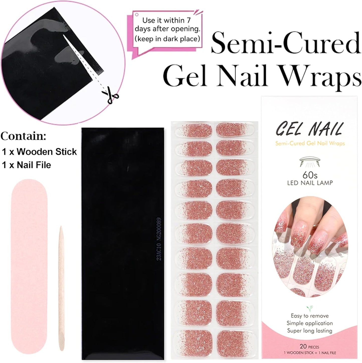20Stk Nagellack Aufkleber, UV Nagelfolie Für Hände, Full Wraps Nagelaufkleber Led-Lampe Erforderlich Cured Gel Nail Strips Mit Nagelfeile Und Stick Für Frauen (Pink French, 24X)