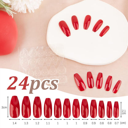 24 Stück Künstliche Nägel Zum Aufkleben Lang Rot Press on Nails Fake Falsche Nägel Fingelnägel DIY Nagelkunst Für Frauen Damen Mit Kleberpads Für Weihnachten Neujahr