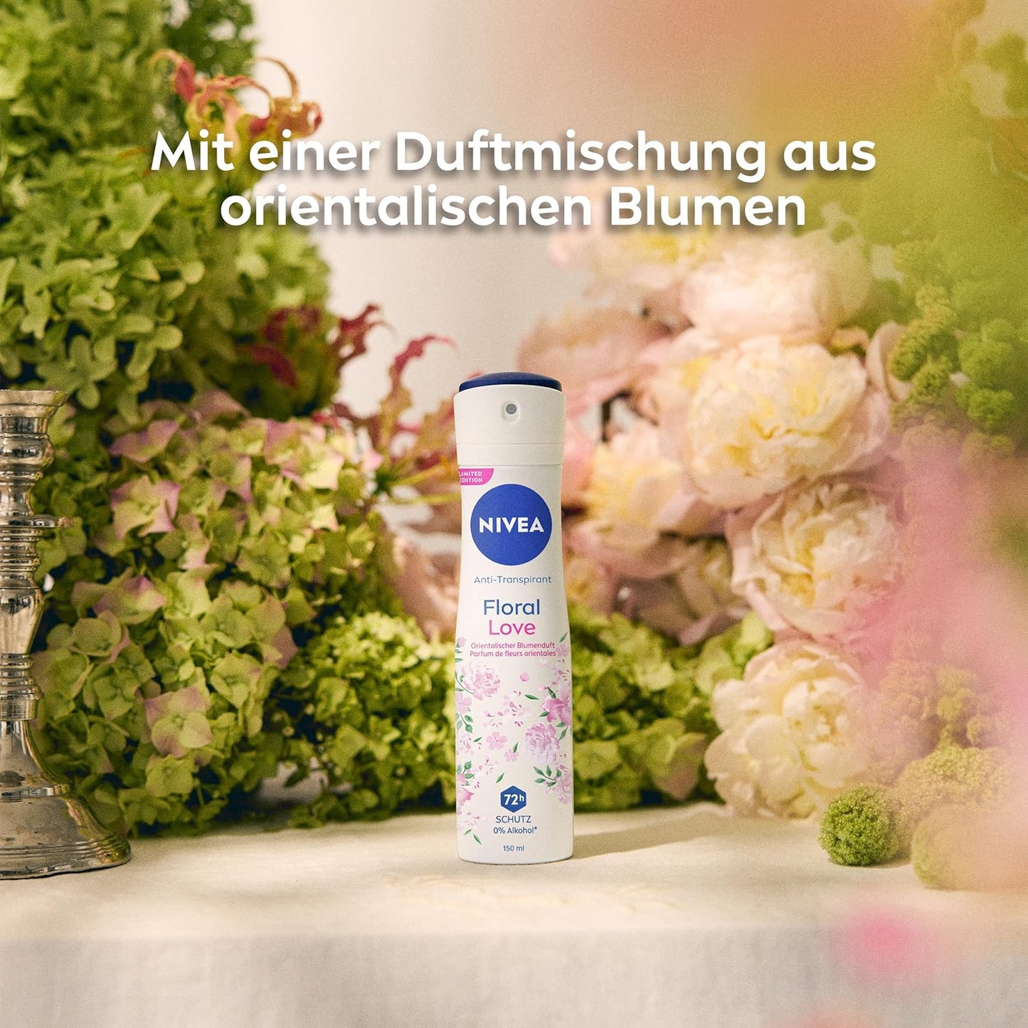 NIVEA Deo Spray Floral Love Limited Edition, Deodorant Mit 72H Anti-Transpirant-Schutz, Antitranspirant Mit Einer Duftkomposition Aus Orientalischen Blüten (150 Ml)