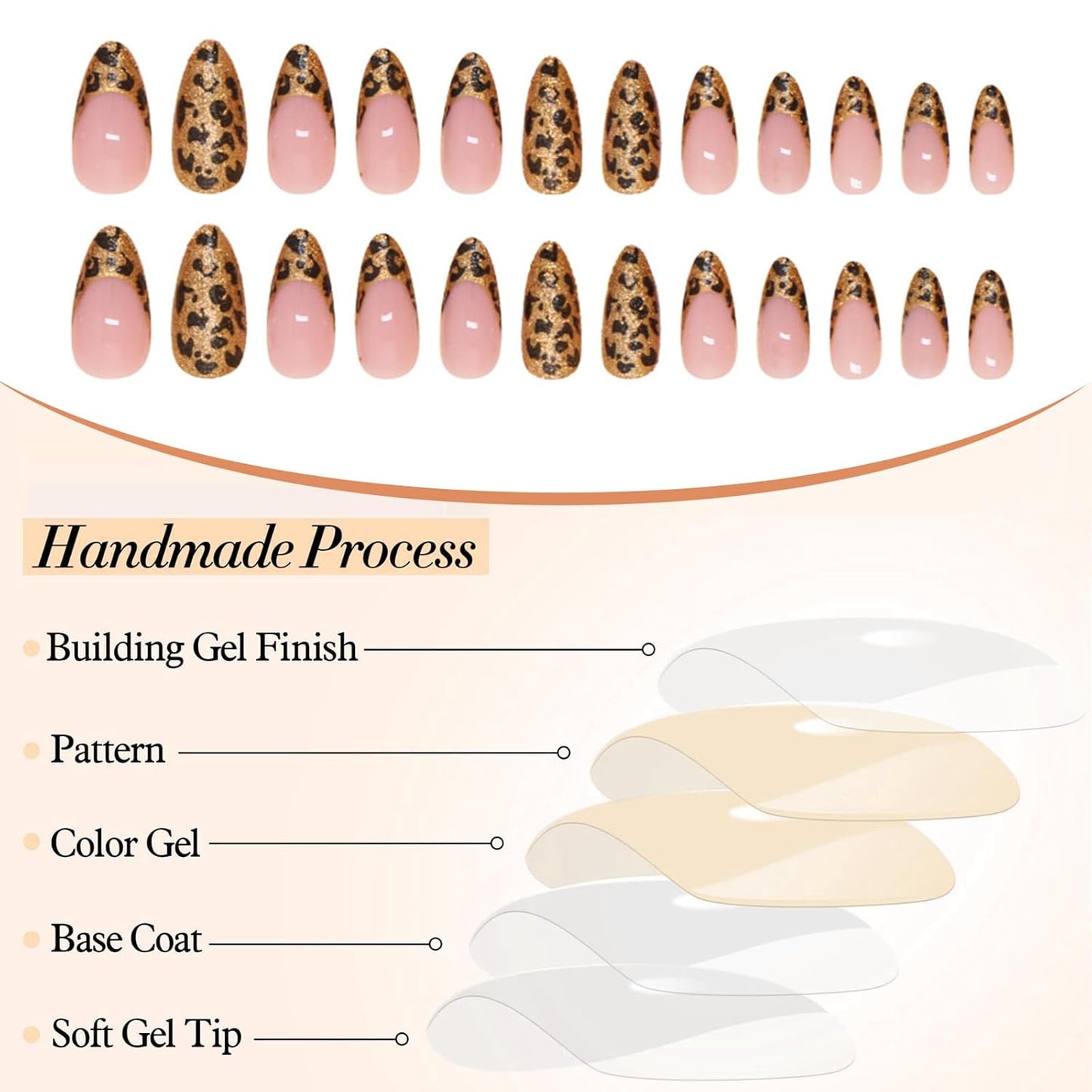 24 Stück Leopard French Press on Nails Mittel Mandel Falsche Nails Mit Gold Leopard Print Design Voll Abdeckung Nude Akryl Glänzend Künstliche Nails