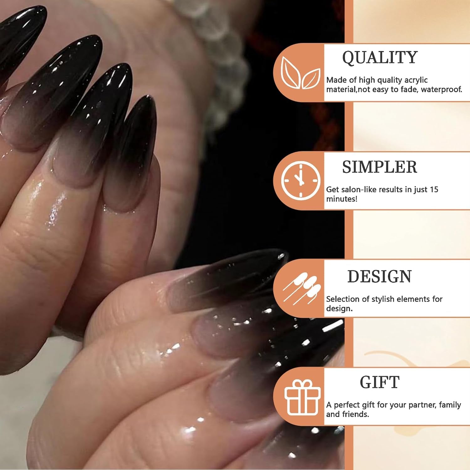 24 Stücke Schwarze Press on Nails Mittel Almond Gotische Falsche Nägel Schwarz Ombre Akryl Glänzend Klebe-Auf Stiletto Künstliche