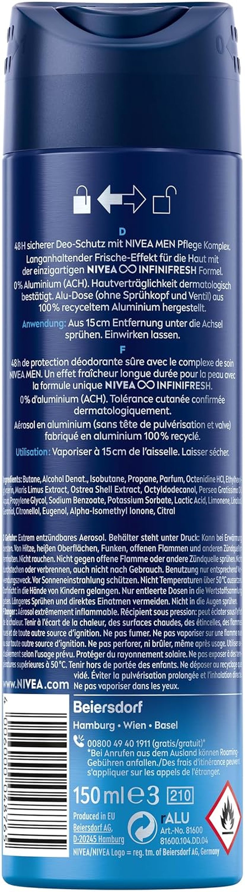 NIVEA MEN Fresh Active Deo Spray, Deodorant Mit Einzigartiger INFINIFRESH Formel Und Meeresextrakten, Deo Ohne Aluminium (ACH) Für 48H Schutz (150 Ml)