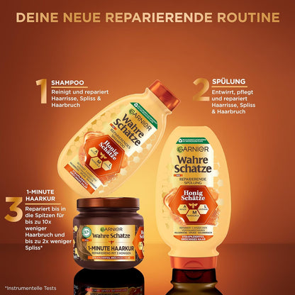 Garnier Wahre Schätze Haarpflege-Set Mit Akazienhonig, Manuka Und Lavendel, Honig-Schätze Shampoo (250 Ml), Spülung (200 Ml), 1-Minute Haarkur (340 Ml), 3-Teilig