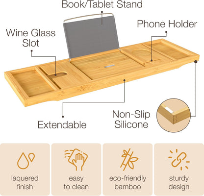 Bathtub Tray Caddy - Premium Bamboo Expandable Bath Tub Tray Table, Luxurious Wooden Bath Caddy for Books, Tablets, Wine, Bathroom Accessories, Spa Essentials, Housewarming, Wedding