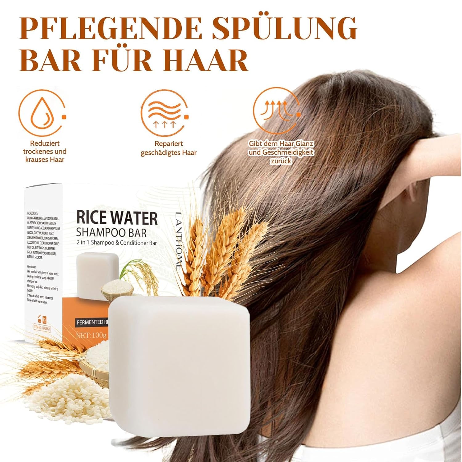 Reiswasser Shampoo- Und Conditioner 2-In-1 - Fester Shampoo Bar Für Trockenes Und Geschädigtes Haar, anti Spliss Frizz, Rice Water, 100G