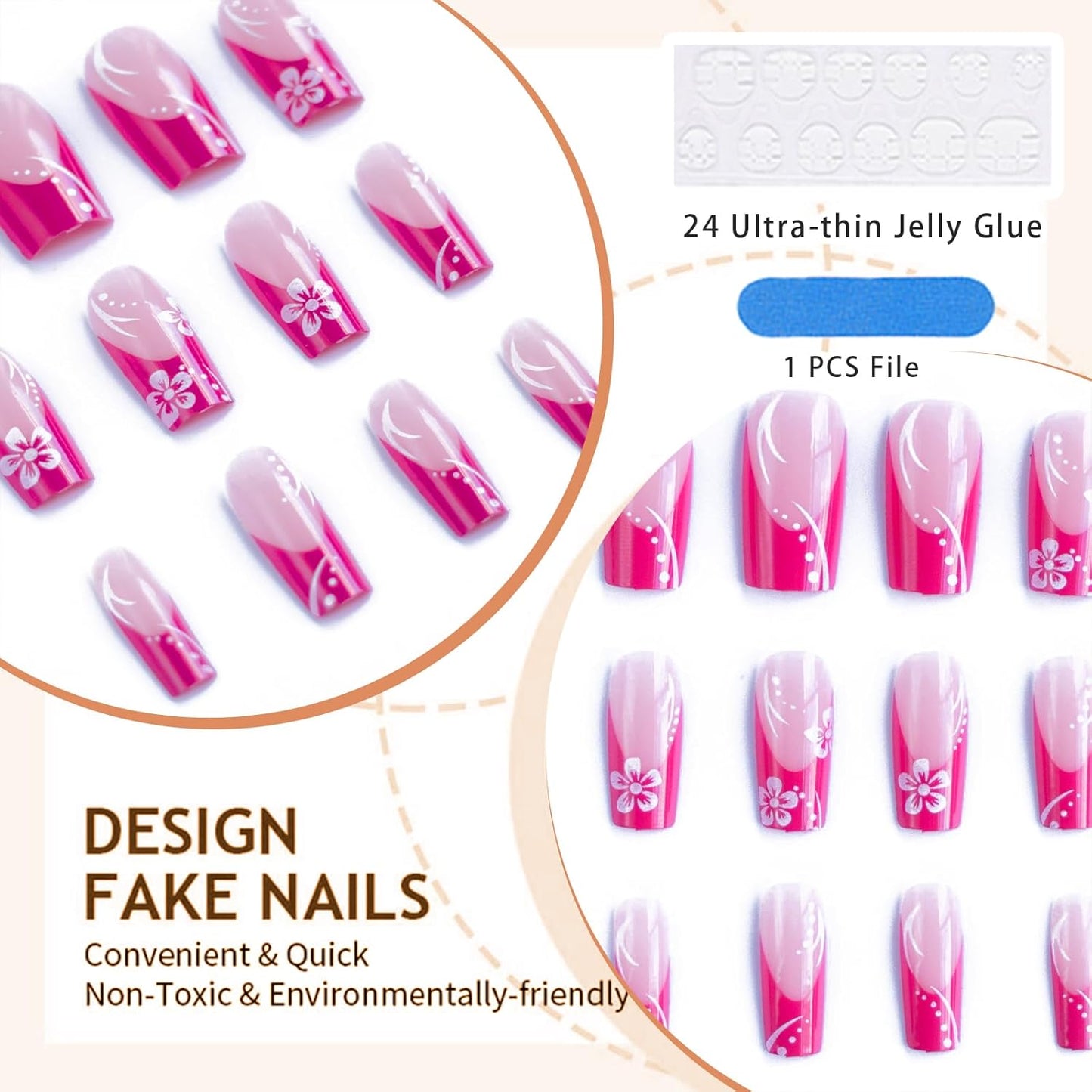24 Stück Press on Nails Lang Quadrat False Nails Glänzend Leuchtend Rosa French Nails Acryl Nägel Squoval Kunstnägel Sommer Blume Stick on False Nails Mit Design
