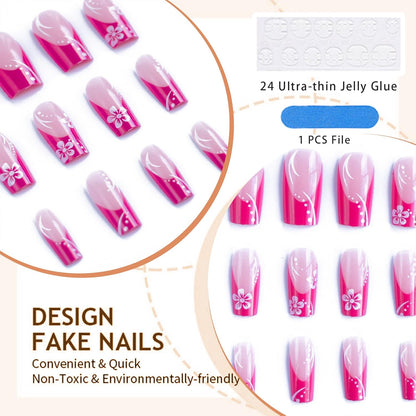 24 Stück Press on Nails Lang Quadrat False Nails Glänzend Leuchtend Rosa French Nails Acryl Nägel Squoval Kunstnägel Sommer Blume Stick on False Nails Mit Design