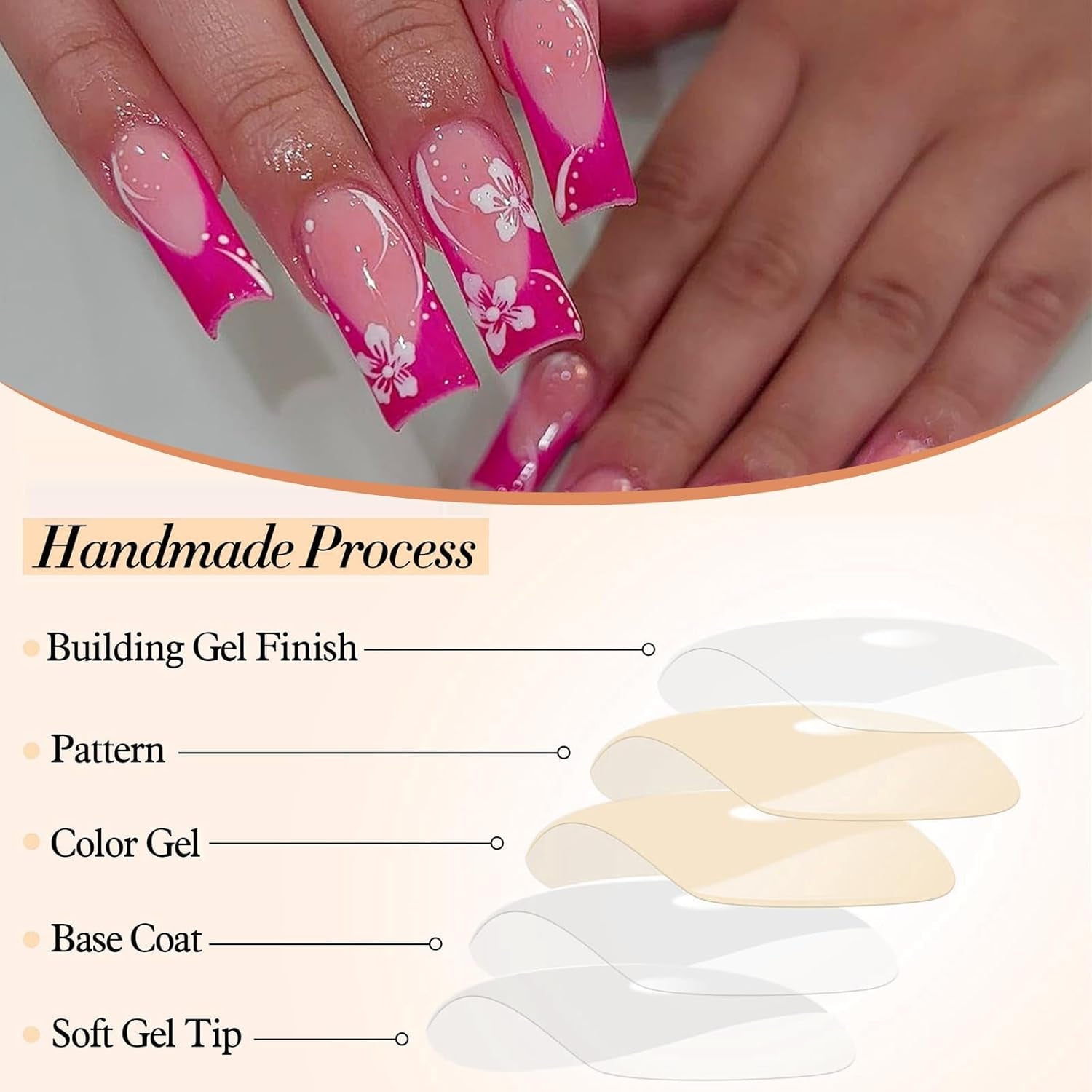 24 Stück Press on Nails Lang Quadrat False Nails Glänzend Leuchtend Rosa French Nails Acryl Nägel Squoval Kunstnägel Sommer Blume Stick on False Nails Mit Design