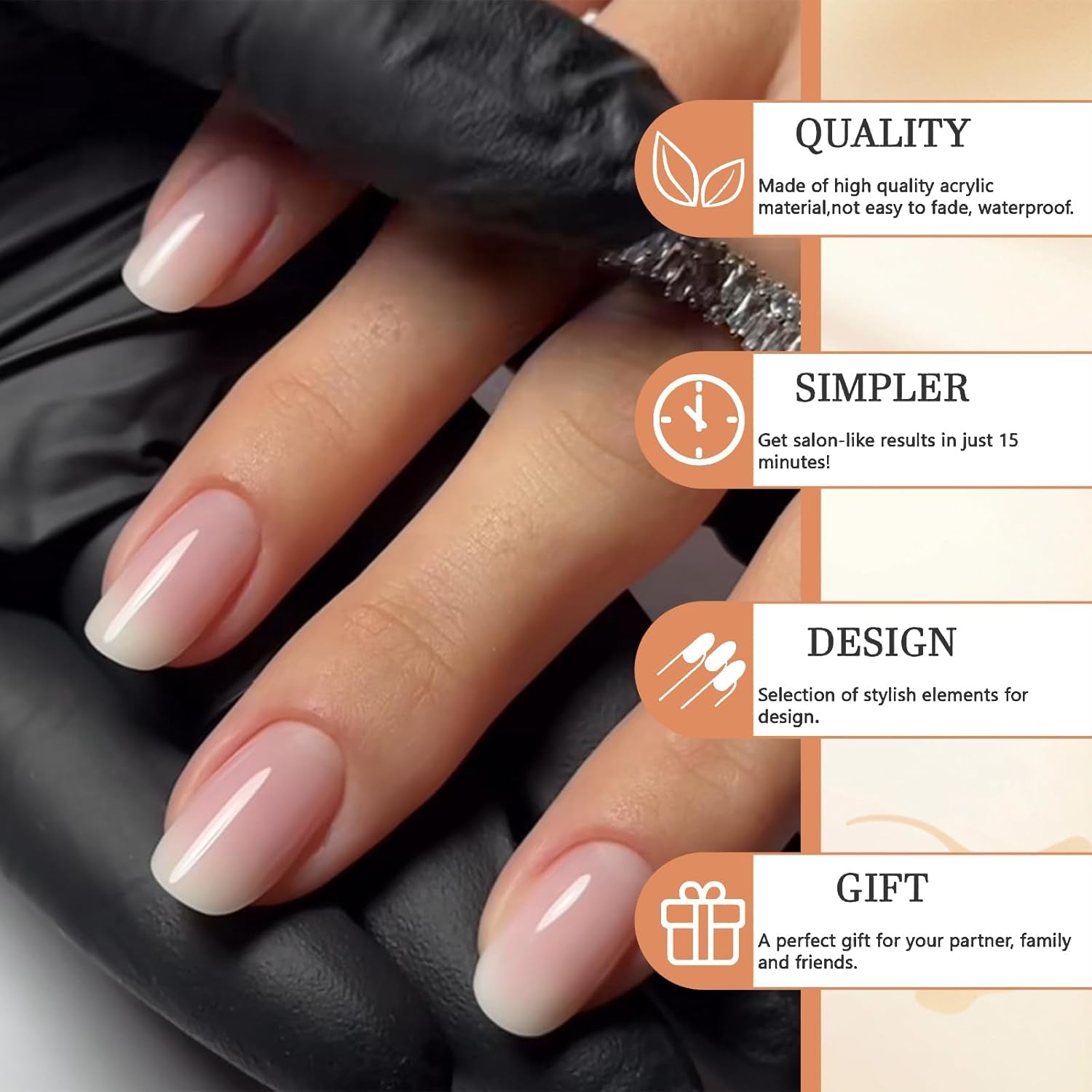 24 Stück Nude Pink Press on Nail, Kurze Quadratische False Nägel, Press-Ons Acryl Falschnägel Mit Gradient-Designs, Kurze Künstliche Glänzende Nägel