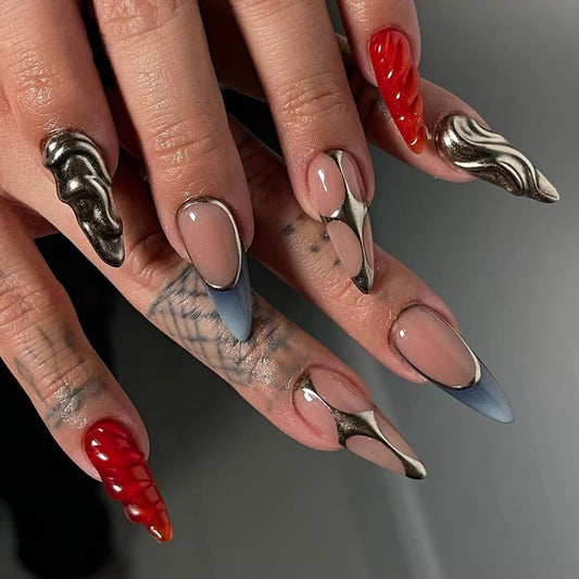 Mouyouglow Press on Nails Kurz,Almond Nude Blau French Chrome 3D Rot Gold Rib Cool Y2K Coquette Fake Nails Mit Nagelkleber,Goldene Red Blue Künstliche Fingernägel