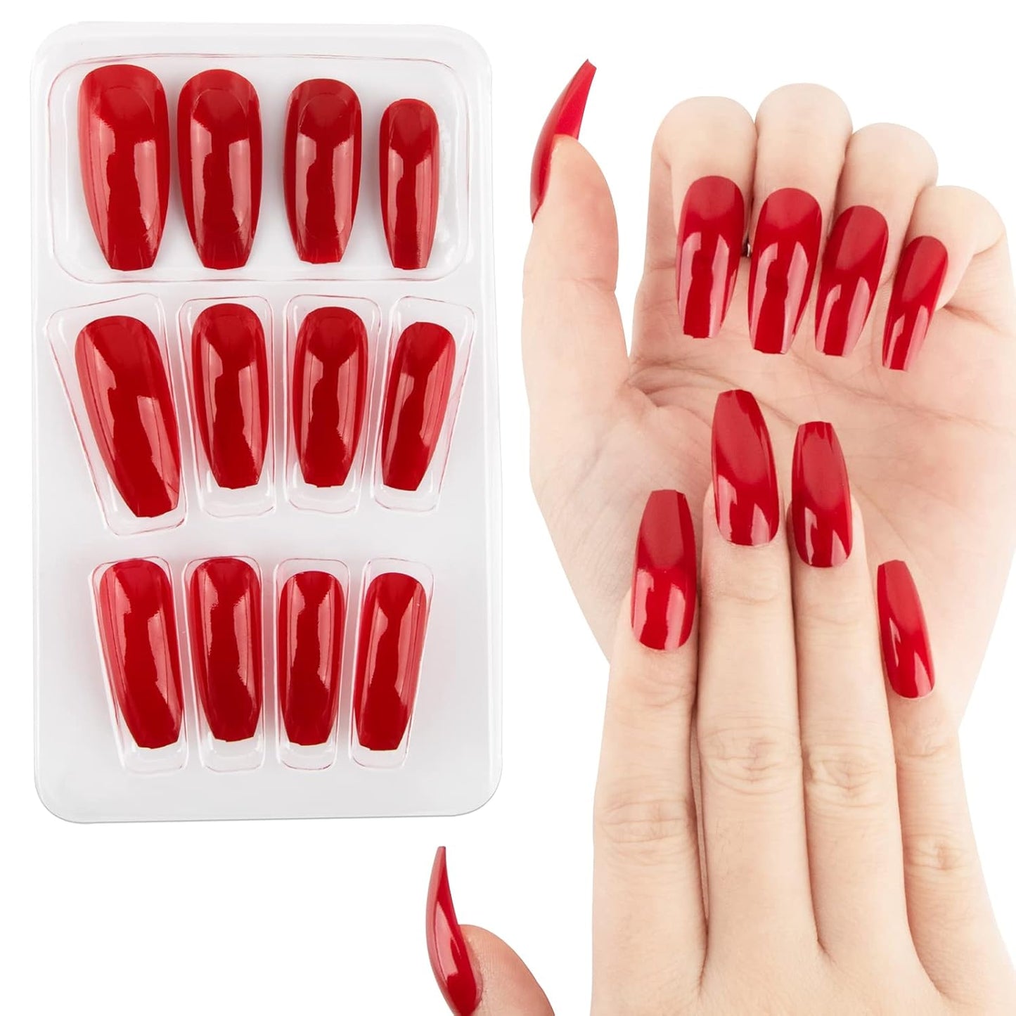 24 Stück Künstliche Nägel Zum Aufkleben Lang Rot Press on Nails Fake Falsche Nägel Fingelnägel DIY Nagelkunst Für Frauen Damen Mit Kleberpads Für Weihnachten Neujahr