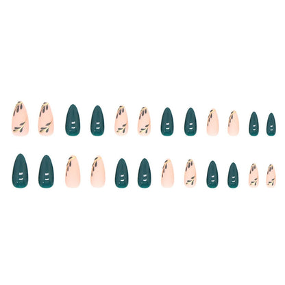 24 Stück Mandel Nägel Zum Aufkleben Kurz,Dunkelgrün Press on Nails Mit Blatt Motiv,Glossy Oval Künstliche Nägel Mittel,French Fingernägel Fake Nails Für Frauen