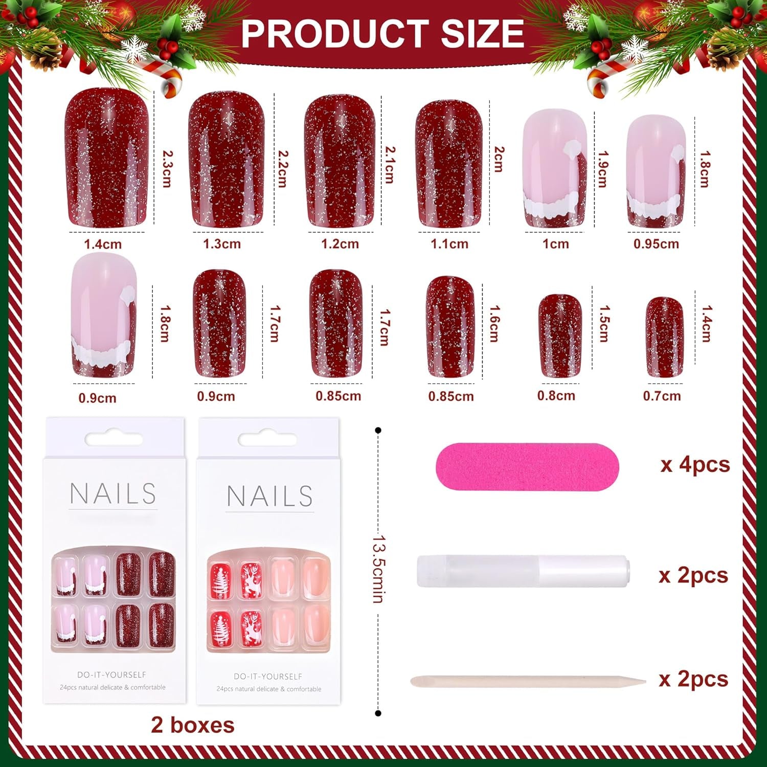 MELLIEX 48 Stück Press on Nails Weihnachten,Vollständige Abdeckung Künstliche Nägel Weihnachten Frauen Fingernägel Zum Aufkleben Weihnachten Für Frauen Nagelkunst Dekoration