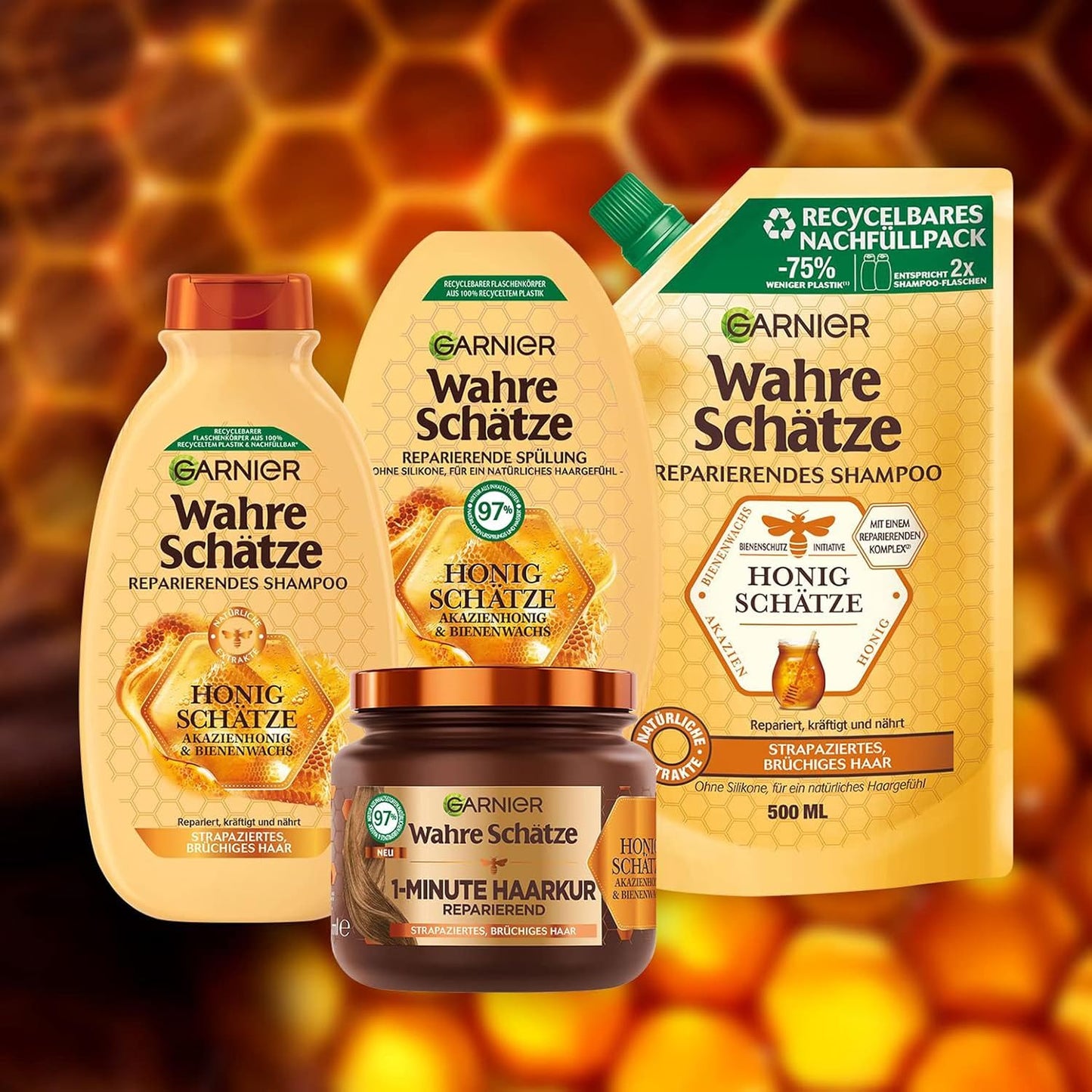 Garnier Wahre Schätze Reparierendes Shampoo Honig Schätze, Kräftigt Und Nährt Strapaziertes Und Brüchiges Haar, 3 X 250 Ml