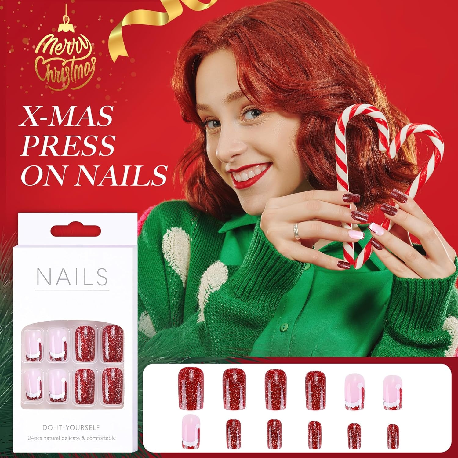 MELLIEX 48 Stück Press on Nails Weihnachten,Vollständige Abdeckung Künstliche Nägel Weihnachten Frauen Fingernägel Zum Aufkleben Weihnachten Für Frauen Nagelkunst Dekoration