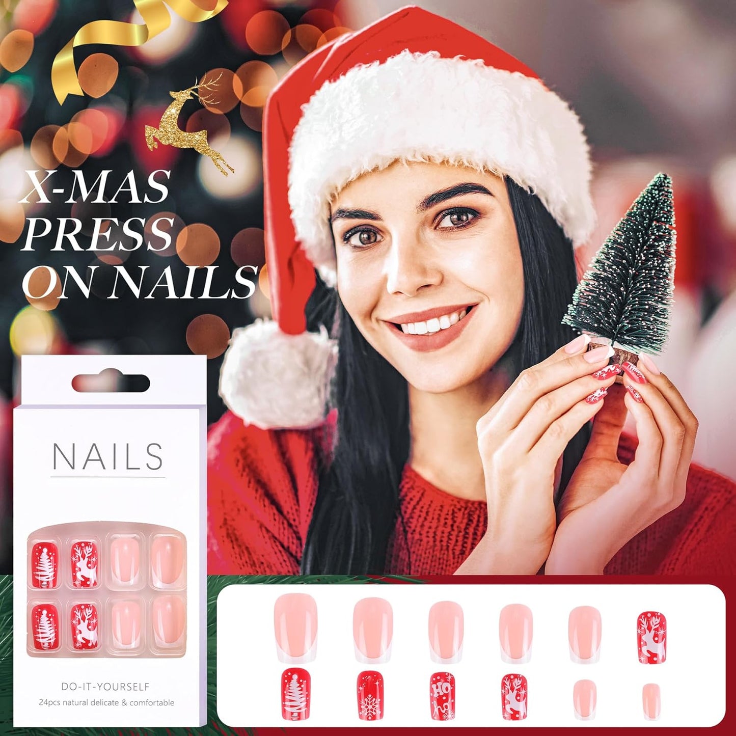 MELLIEX 48 Stück Press on Nails Weihnachten,Vollständige Abdeckung Künstliche Nägel Weihnachten Frauen Fingernägel Zum Aufkleben Weihnachten Für Frauen Nagelkunst Dekoration